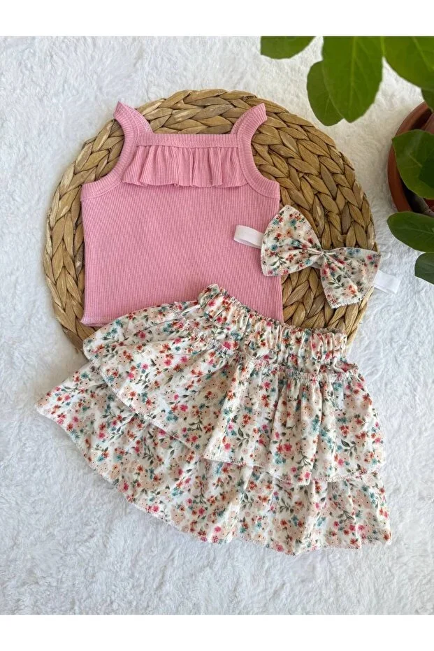 GIRLS FLORAL FLOWER PATTERN RUFFLED SKIRT BLOUSE BANDANA SET