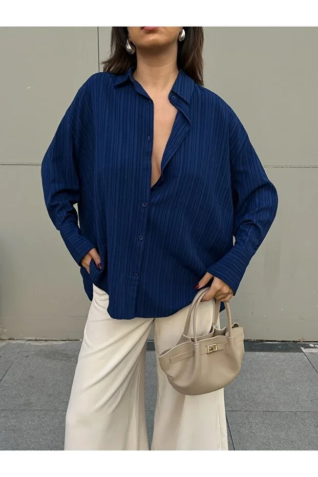 minaaise Navy Blue Oversize Wide Cuff Women's Shirt 27384