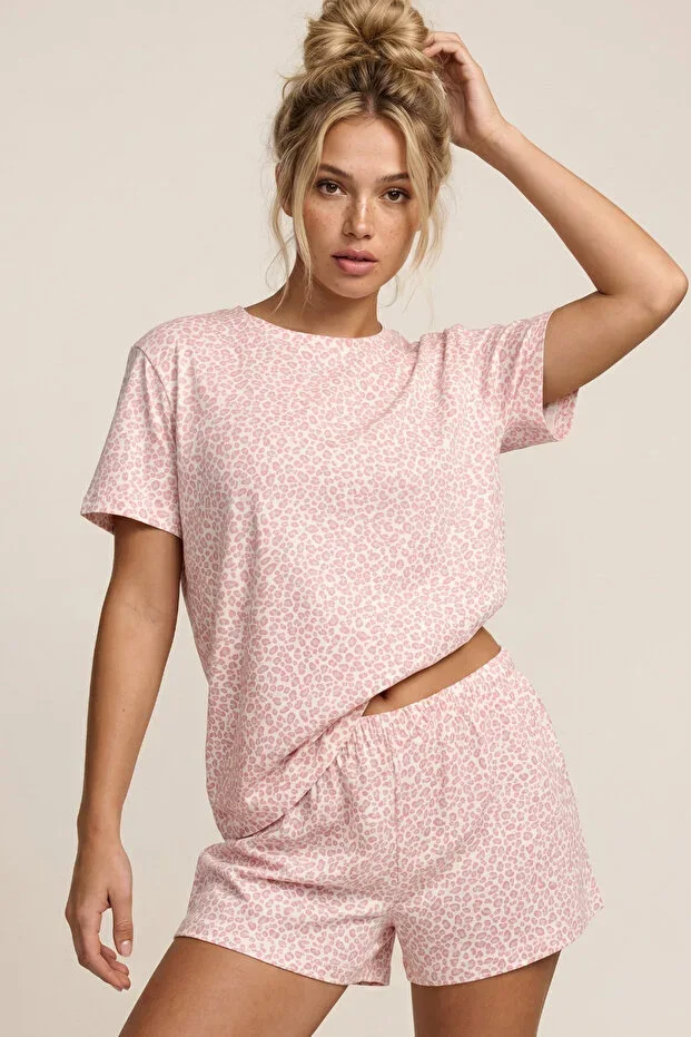 WHITE SALMON leopard print crew neck Knit Shorts Pajama Set 8056