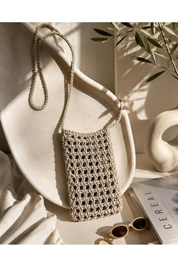 MAJHİ File Phone Bag Small Knitted Straw Phone Bag