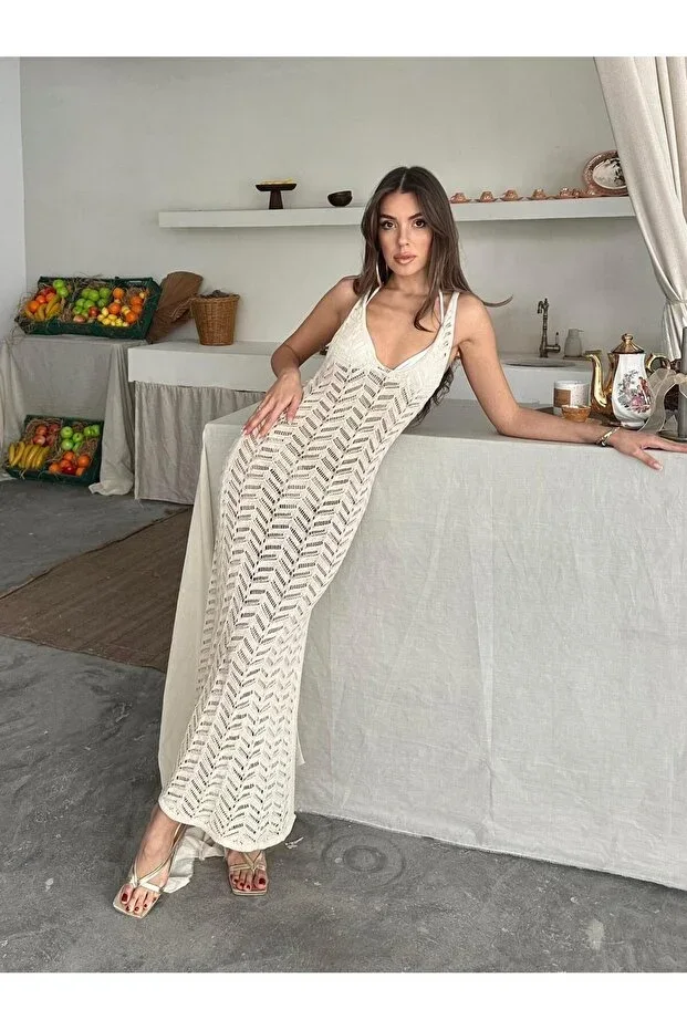 Lace Yırtmaçlı Göğüs Dekolteli Askılı Long Women's Knit %100 Cotton Beach Dress