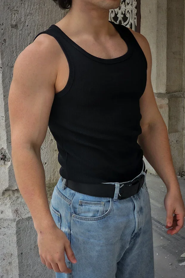 Men's Ribbed Tank Top - Cotton Stretchy Athletic Fit (Black)