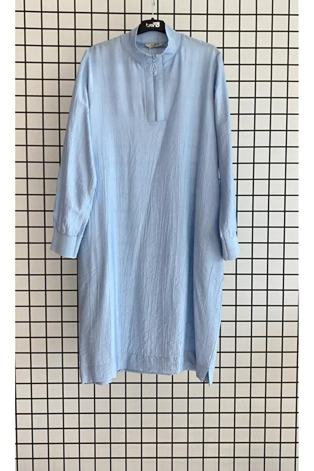 Armine Trend Collar Zippered Ribbed Natural Fabric Comfortable Fit Basic Modest Tunic Length 102 cm