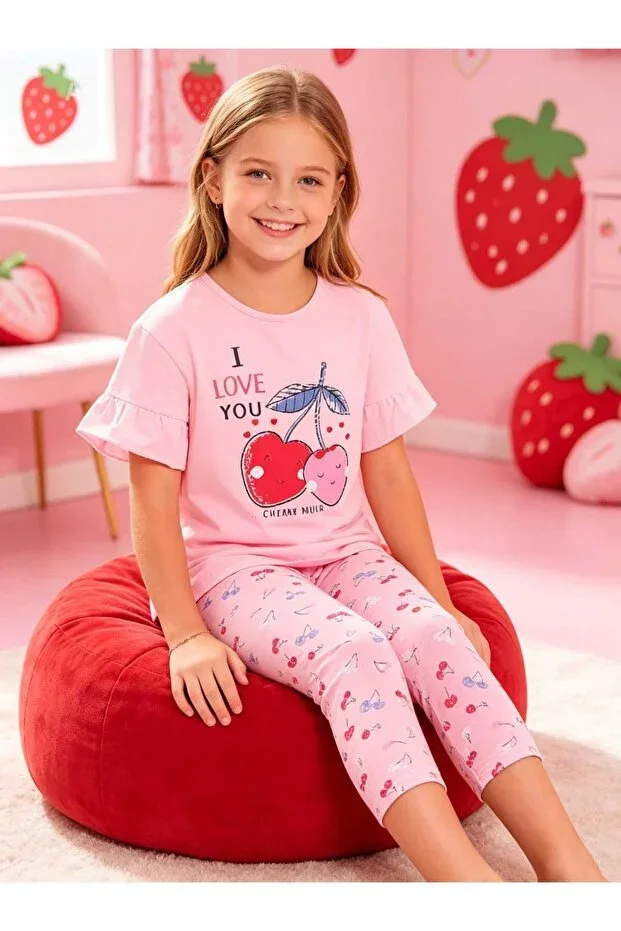 Cherry & Strawberry Pattern Pink Ruffle Sleeve Round Neck Capri Bottom Cotton Combed Girl Children Pajama Set
