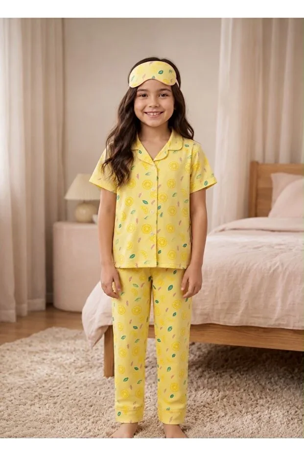 Girl's Pajama Set with Lemon Print and Buttoned Eye Mask
