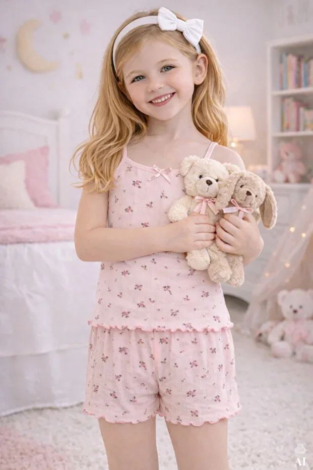 Girls' Cotton Floral Print Bow Strap Pajama Set with Shorts