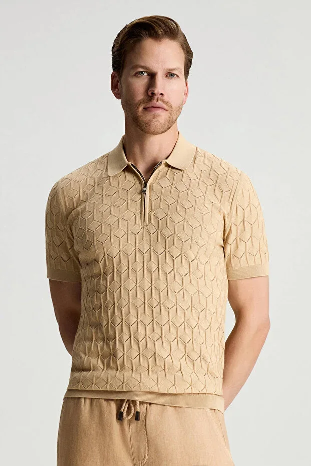 Pure Cotton Ajur Knit Patterned Beige Knit Polo
