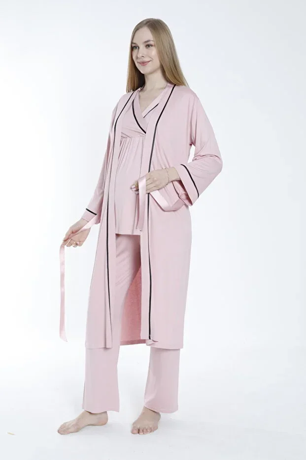 Maternity and Postpartum Pajama Set with Robe and Striped Detail