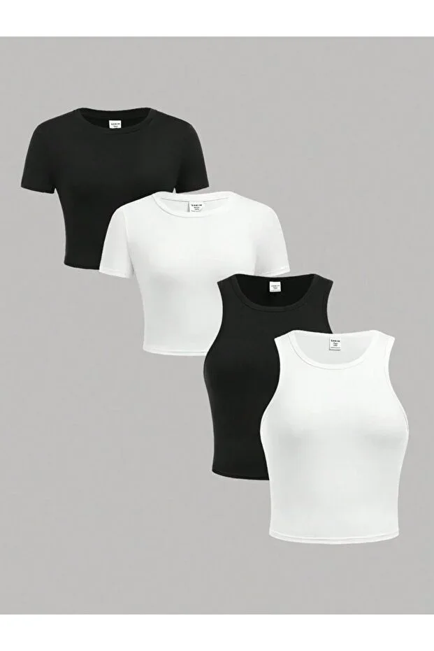 ÖZ PAMUK Women's 4 Piece Ribbed Crew Neck Knit T-shirt-Tank Top Set Crop Blouse