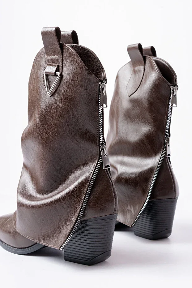 Stacy Zipper Detailed Brown Long Women's Western Boots