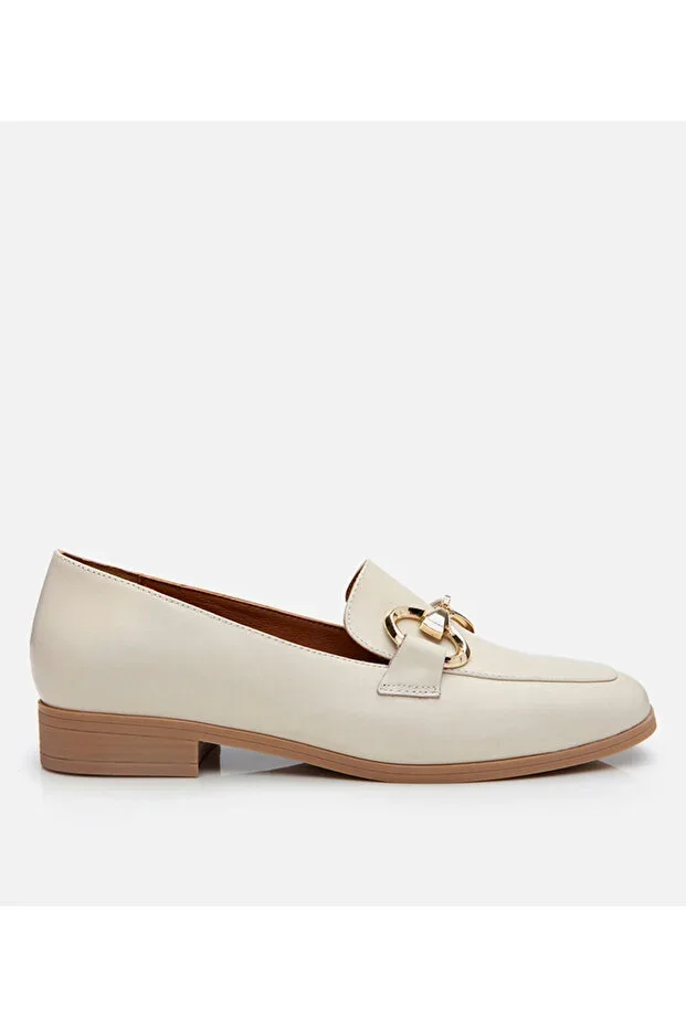 Genuine Leather Ecru Women's Buckled Loafer