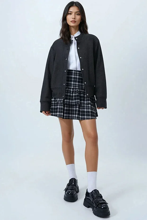 Women's Anthracite Soft Textured Double Pocket Fleece Lined Bomber Jacket Alc-X14412