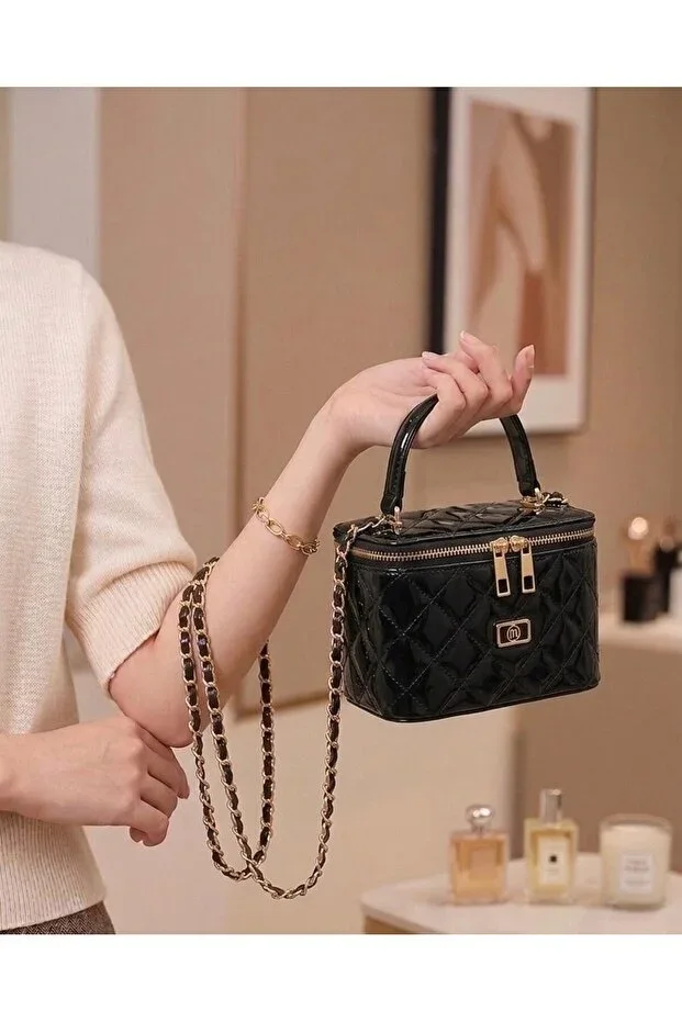 Shiny Patent Quilted Box Bag Chain Strap Handbag & Shoulder Bag