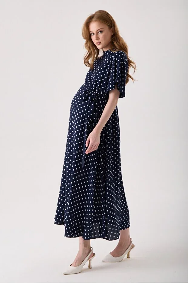 Maternity Polka Dot Pattern 100% Viscose Dress, Short Sleeve Model, Waist Belted Collar Long Zipper and Button Detailed