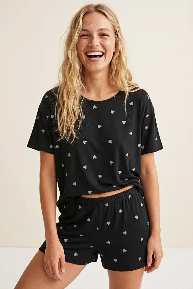 Siyah Heart Patterned Cotton Shorts-Pajama Set