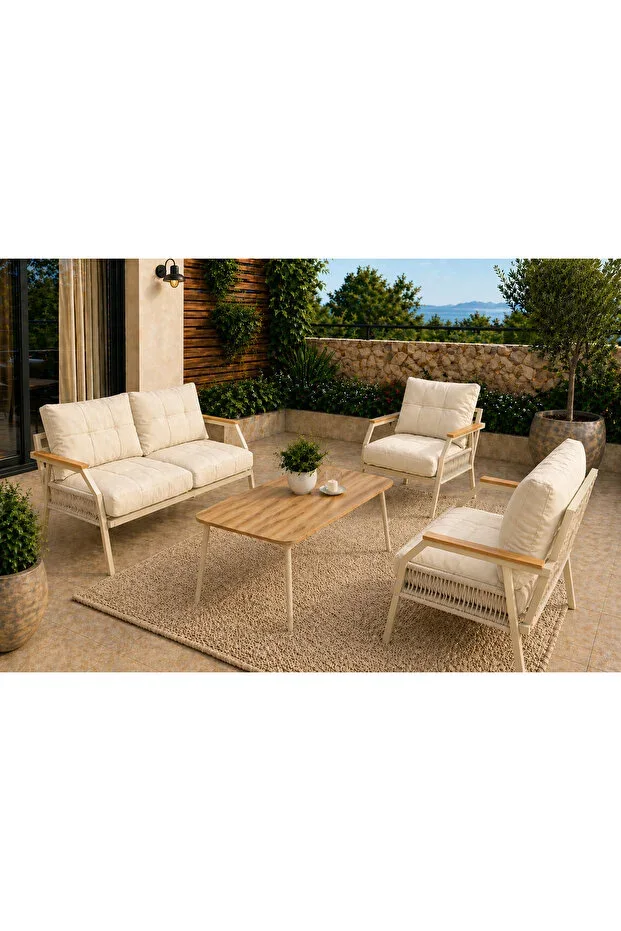 UFUK HOME Daisy Kırpık 211 Masalı Krem Metal Garden Seating Group Balcony Terrace Outdoor Set with Cushions
