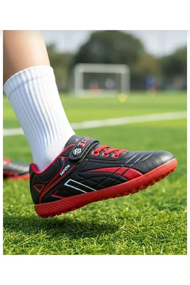 Young Child New Season Red-Black Colored Velcro Turf Football Shoes