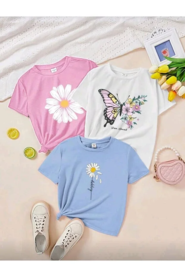 NEW SEASON 3-PIECE SET GIRL T-SHIRT, MULTICOLOR, 100% COTTON