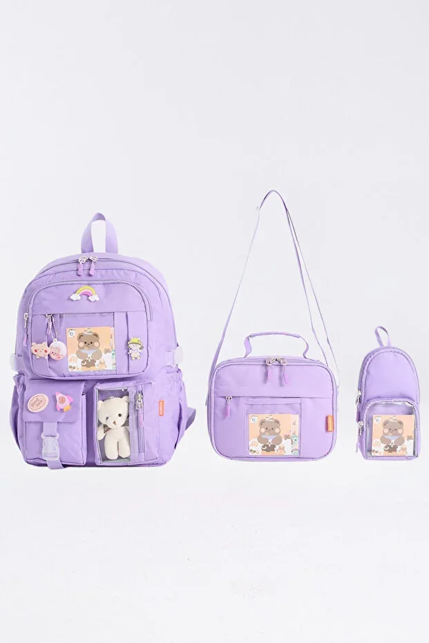 3-Piece Set Korean Style Accessory Girls Primary School Bag Backpack with Pencil Case and Lunch Bag