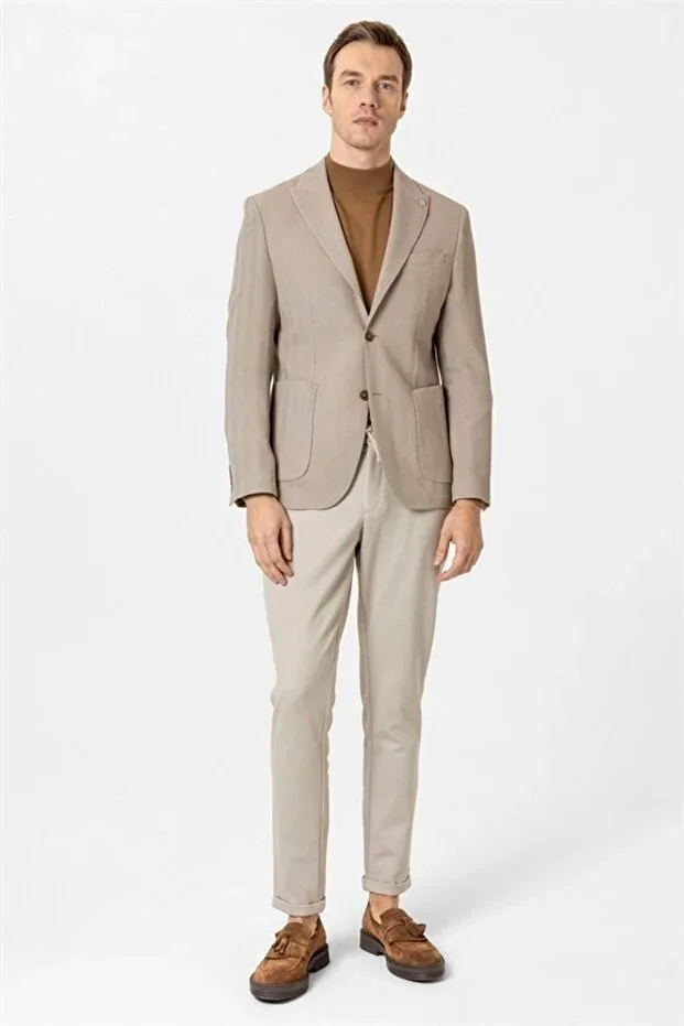 Beige Slim Peaked Lapel Flat Pocket 6 Drop Classic Jacket