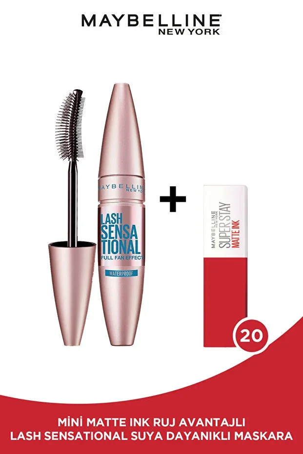 Maybelline New York Lash Sensational Fan Effect Waterproof Black Mascara & Mini Liquid Matte Lipstick 20 Pioneer