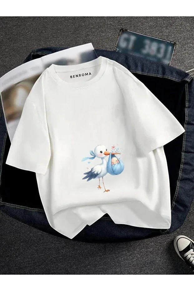 Maternity Blue Stork Printed T-shirt