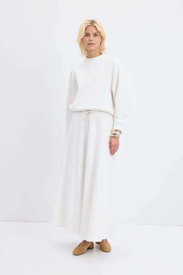 KADRİYE BAŞTÜRK High Waist Tie-Waist Wide Fit Flared Skirt Ecru