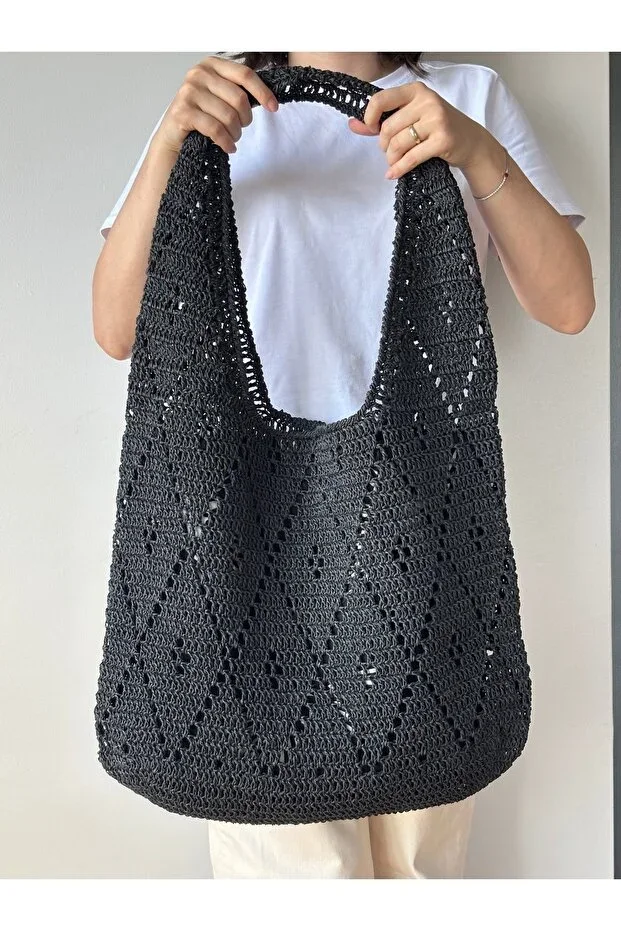 Black Straw Bag, Straw Shoulder Bag, Straw Beach Bag, Handmade Straw Bag, Woven Bag