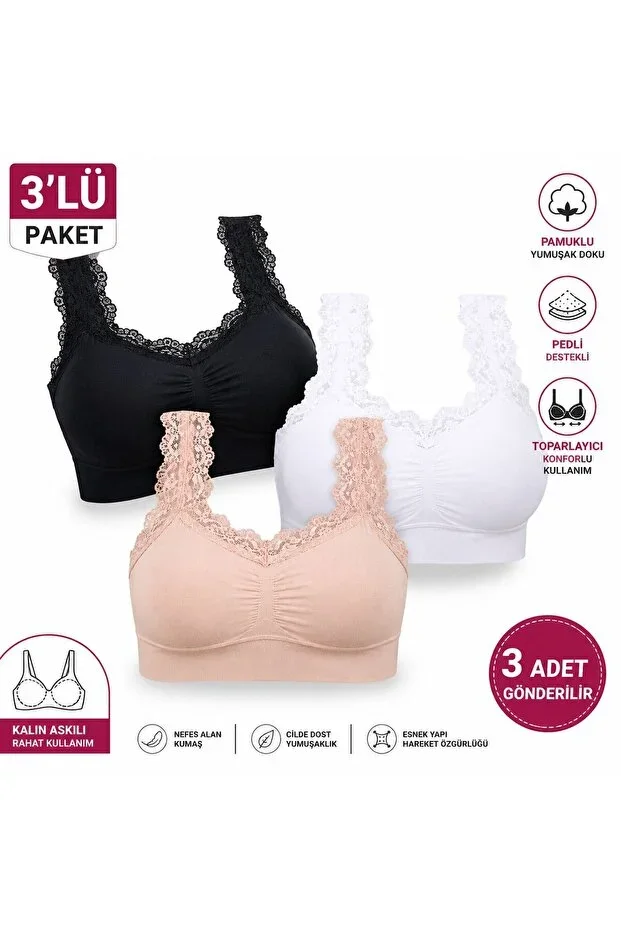 Women's 3-Pack Cotton Tummy Control Bra with Lace and Thick Straps
