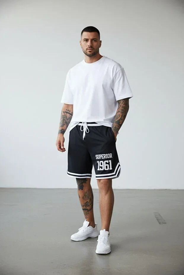 Men's Black Superior Printed Waist Hem Striped Shorts
