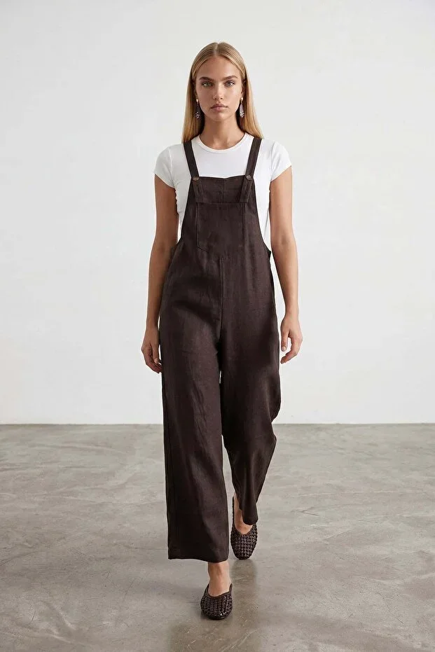 Women's Coffee Front Pocket Strap Gabardine Overalls Alc-X12186