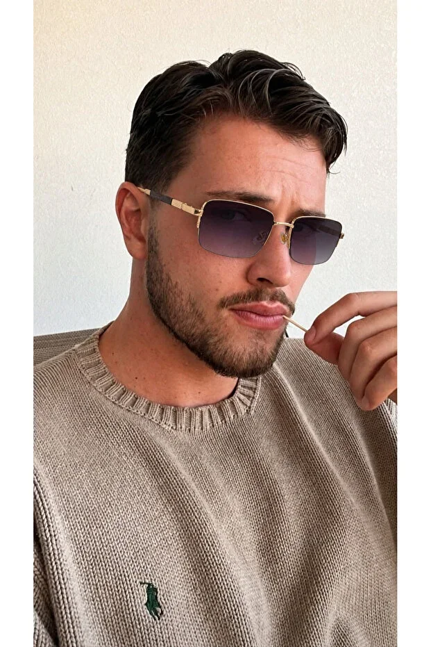 Men's Square Rectangular Couple Sunglasses, UV Protected, Retro Vintage Design, Stylish Premium Glasses with Gold Detail