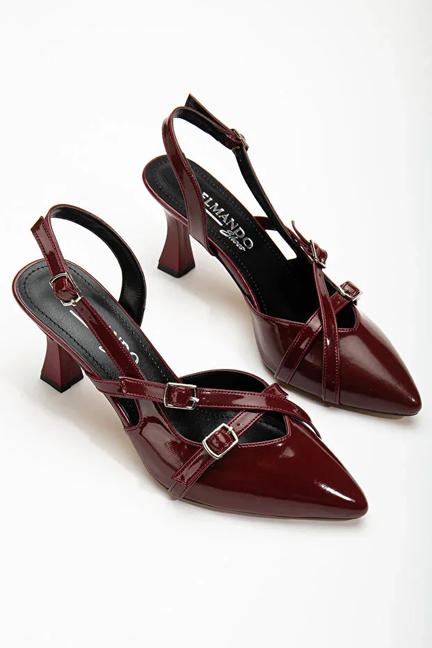 Double Strap Buckle Detail Burgundy Patent Women's Heeled Shoes