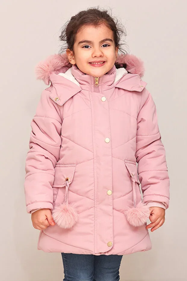 Thick Fiber Filled Water Wind and Rainproof Hooded Winter Luxury Girls Pink Puffer Jacket