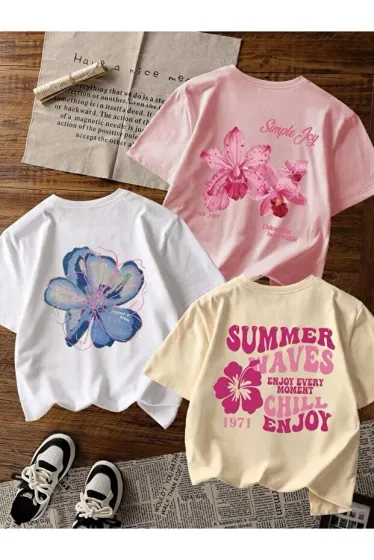 Girls 3-Pack ARKA SIRT Print Simple Joy and Flowers Print Jersey T-Shirt (Beige-Pink-White)