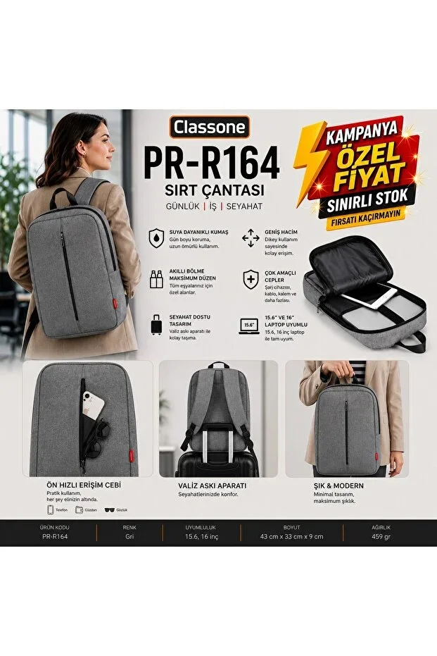 PR-R164 Roma Series, WTXpro, Waterproof Fabric 15.6" Compatible Laptop, Notebook Backpack - Grey