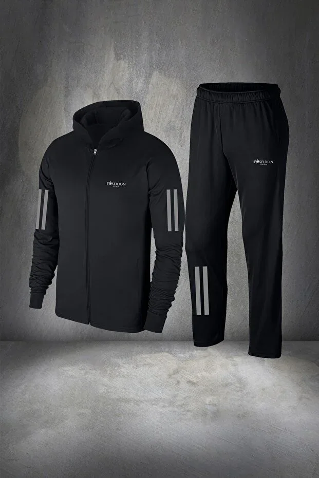 Plus Size Men's Black Special Supra Combed Cotton Fabric Zippered Hoodie Tracksuit for Running 4XL-10