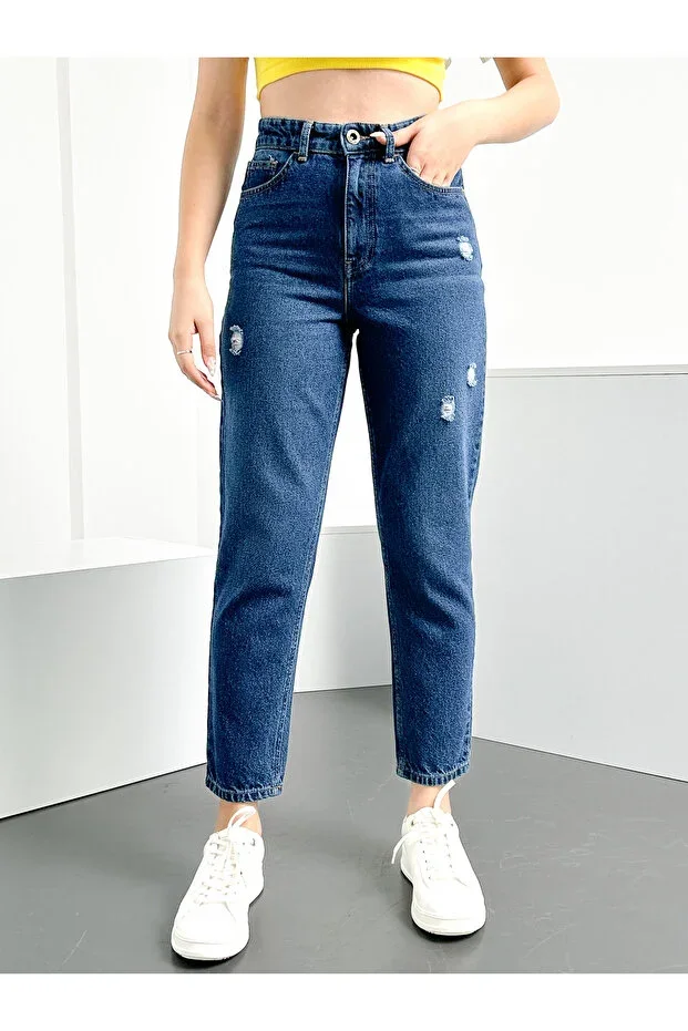 HLT JEANS Blue Distressed Women's Stretch Mom Jeans High Waist Flexible Denim Pants ANNA-MAVİYPT