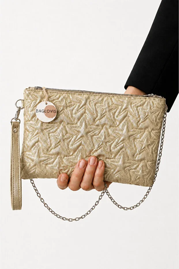 BAGLOVİS Star Embroidered Quilted Portfolio Bag Chain Strap Evening Clutch En30 H19