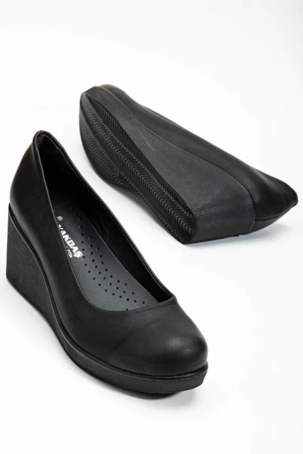 Women's Platform Heel Shoes Black Genuine Leather