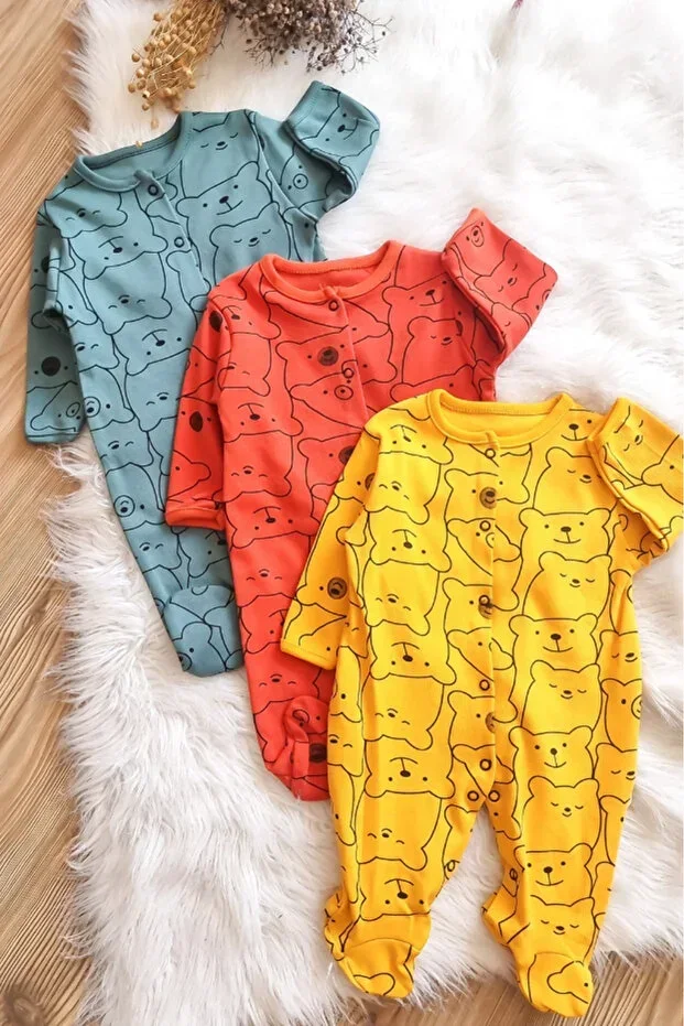 %100 Cotton Animal - Fruit Patterned 3-Piece Footed Romper (Girl - Boy - Newborn)
