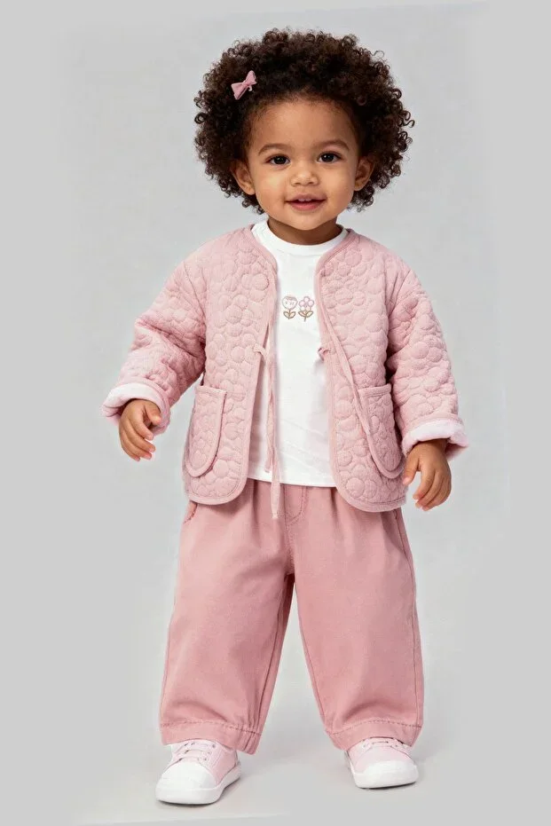Baby Girl Pink Muslin Quilted Jacket T-shirt Pants Set
