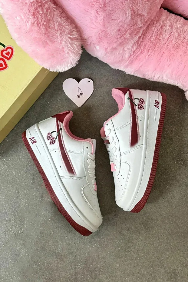 Happy Valentines White Burgundy Cherry Laced Sneakers