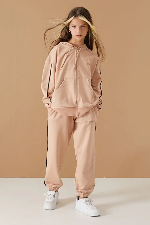 Girls' Beige Original Lettered Tracksuit Set with Cardigan 19488