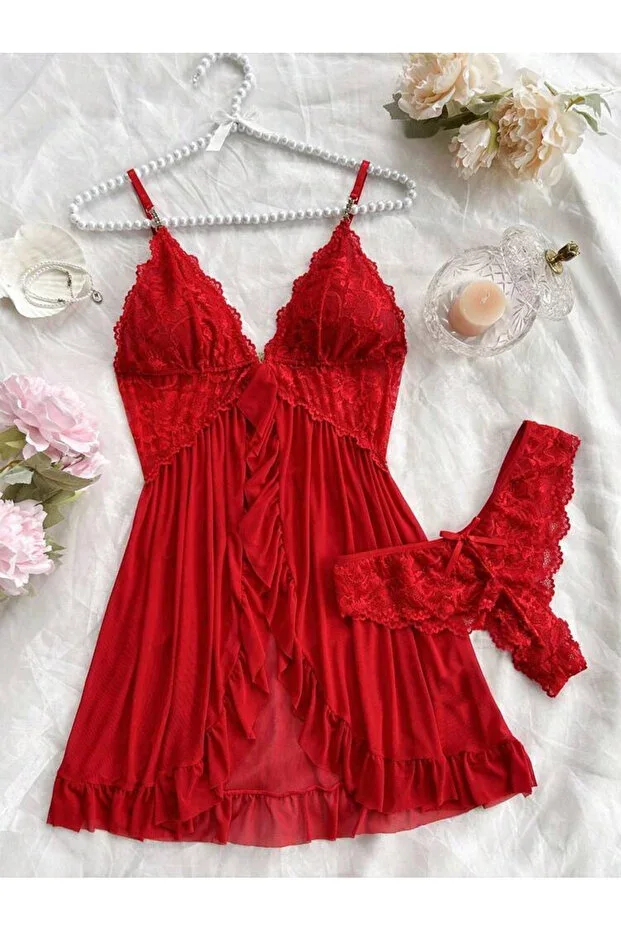 Women's V-neck Red Lace Detailed Lycra Tulle Strap Nightgown with Thong Gift