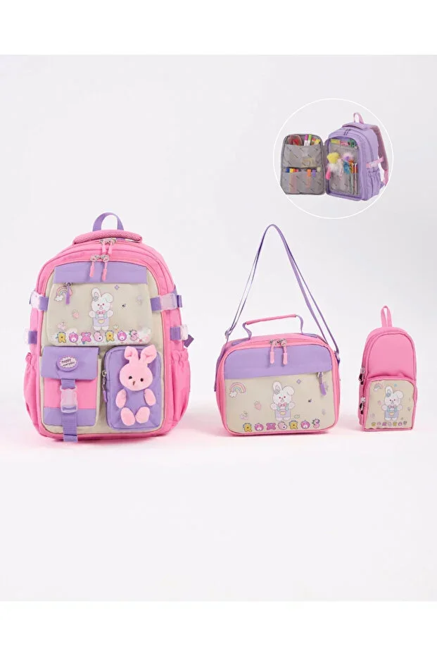 Rabbit Korean Style 3-Piece Girls' School Bag Set - Primary School Bag with Pencil Case and Thermal Lunch Bag
