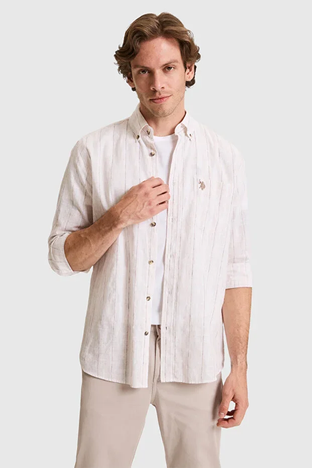 Men's Linen Blend Beige Long Sleeve Shirt 50324662-VR011