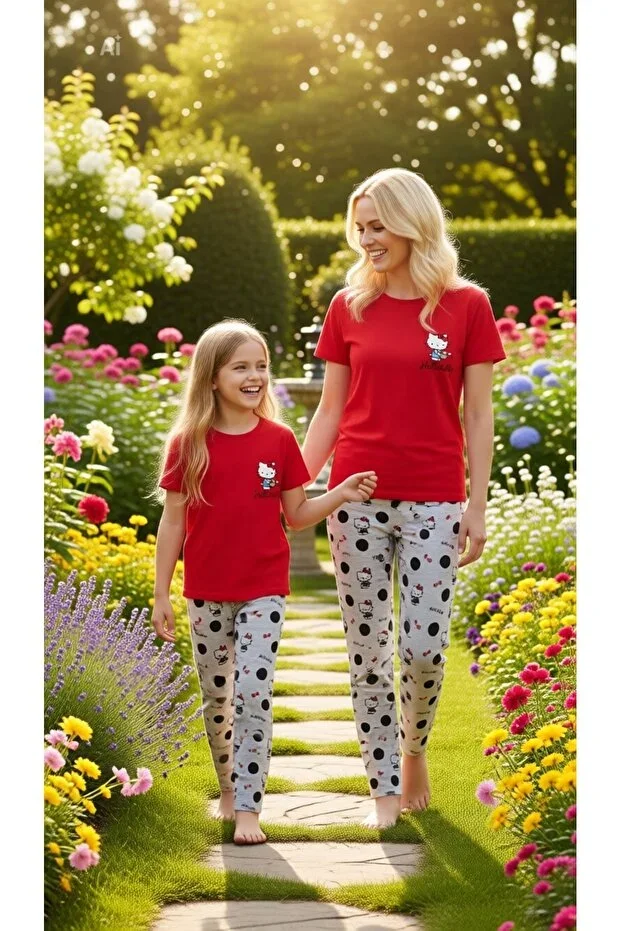 Hello Kitty Licensed Mom & Daughter Pajama Set Red & Gray Crew Neck 100% Cotton Jersey ( SOLD SEPARATELY )