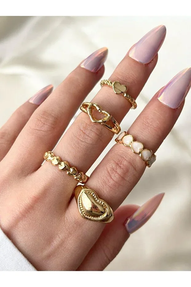 Women's Gold Color 5-Piece Heart Model Ring Set
