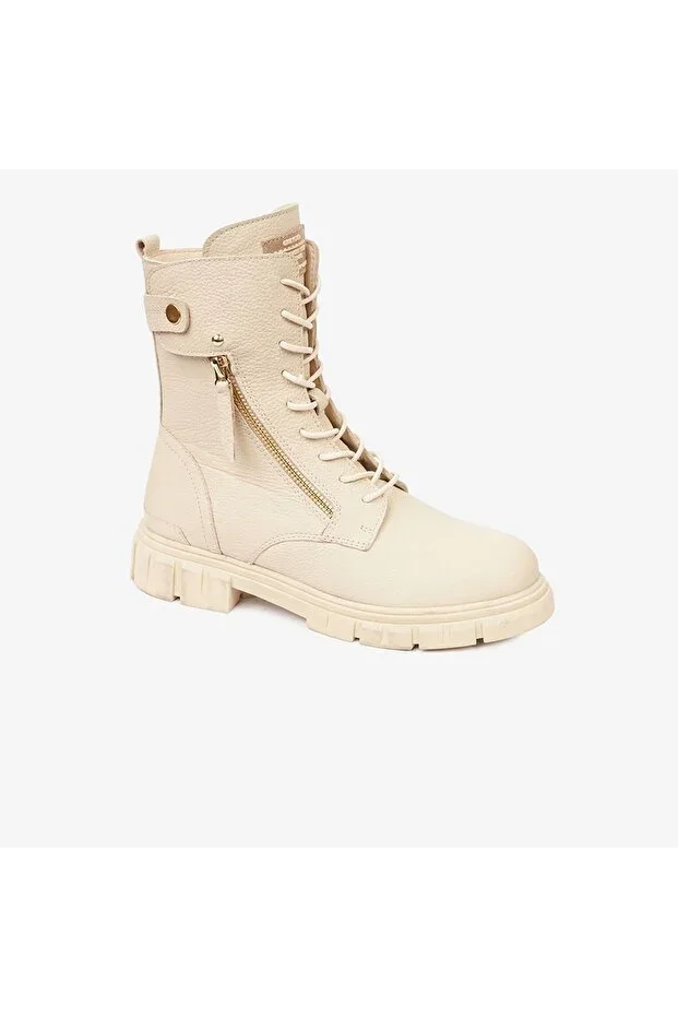 Women's Ecru Genuine Leather Military Boots 4k2ub32720